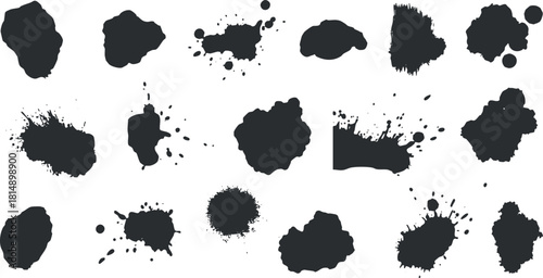 Set of modern black ink splatters and blots in various shapes for creative design projects and backgrounds