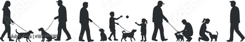 Silhouette vector illustration showing a collection of people walking dogs, playing with children, and enjoying outdoor activities.