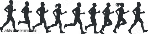 Silhouette vector illustration showing a sequence of runners in motion, ideal for fitness and health-related design projects