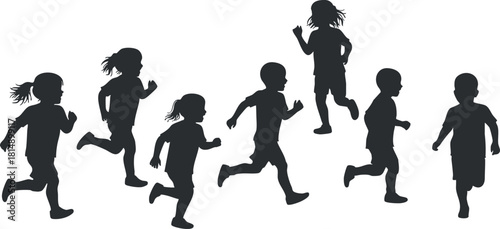 Dynamic silhouette vector illustration of children running in various poses for sports and activity themes