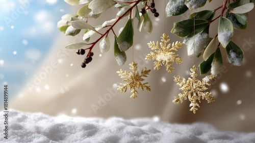 Elegant snowflakes and mistletoe leaves dance across a soft pastel beige background, evoking the magic of winter holiday decor. adding a touch of festive charm to your holiday table or mantel.