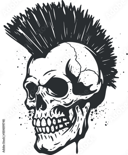 Stylized punk skull vector illustration featuring a mohawk hairstyle, ideal for tattoo design and edgy artwork.