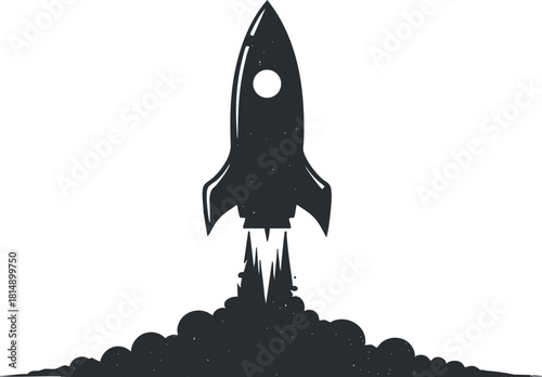Stylized black and white vector illustration of a rocket launching with clouds of smoke, ideal for technology and innovation themes