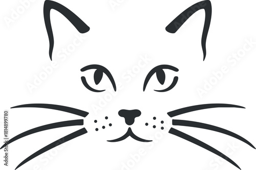 Minimalist black and white vector illustration of a cat face with distinct whiskers and expressive eyes for pet-themed projects