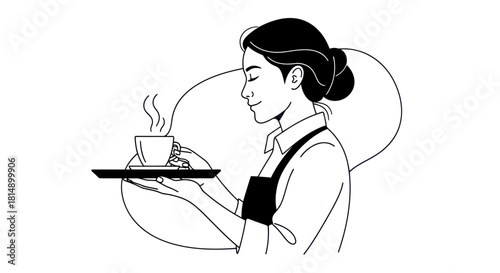 Waitress Serving Hot Coffee in a Cafe Setting.