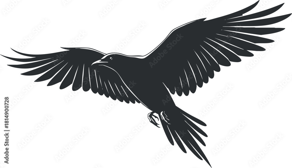 Obraz premium Stylized silhouette vector illustration of a flying raven, perfect for nature-themed design projects and logos
