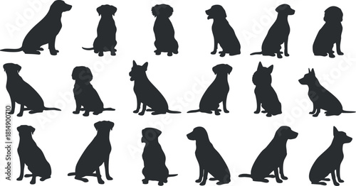 Silhouette vector icon collection of various dog breeds in sitting poses for branding and design projects