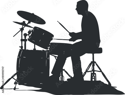 Silhouette vector illustration of a drummer performing on a drum set, ideal for music-themed projects and designs