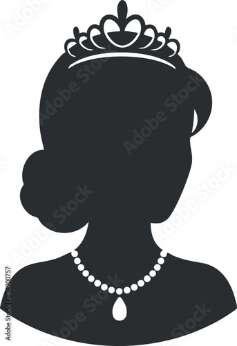 Elegant black silhouette vector illustration of a princess wearing a tiara and pearl necklace for design projects.