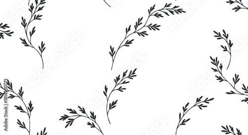 Elegant black and white vector pattern featuring delicate botanical leaves and branches for textile and wallpaper design