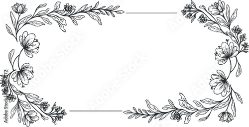 Elegant black and white floral border illustration featuring intricate flowers and leaves, ideal for invitations and decorative designs