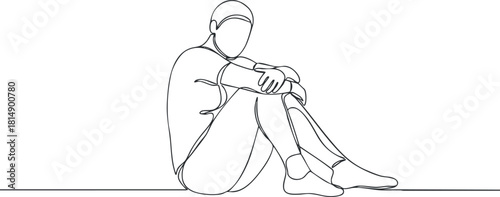 Minimalist line art vector illustration of a person sitting in a thoughtful pose, ideal for wellness and lifestyle design projects