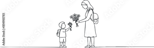Minimalist line art illustration of a mother receiving flowers from her child, symbolizing love and affection in family relationships