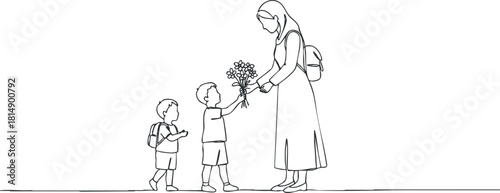 Minimalist line art illustration of a mother receiving flowers from her children, symbolizing love and family connection.