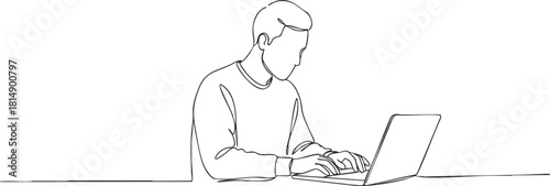 Minimalist line art illustration of a man working on a laptop in a modern workspace setting
