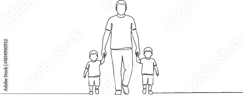 Minimalist line art illustration of a father holding hands with two children, symbolizing family and togetherness