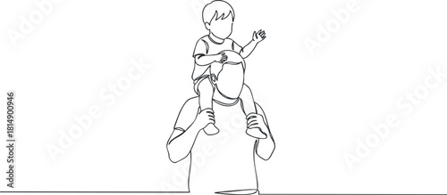 Minimalist line art illustration of a father carrying his child on shoulders, symbolizing love and connection in family.