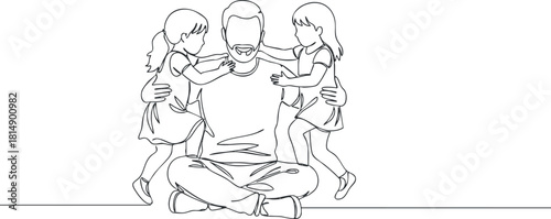 Line art illustration depicting a father sitting calmly with his two daughters, symbolizing love and family bonding.