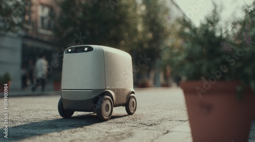 Fototapeta Naklejka Na Ścianę i Meble -  Small white robot car parked on a cobblestone street. the car has four wheels and appears to be made of plastic or a similar material.