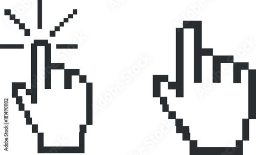 Pixel art vector illustration of hand gestures for clicking and pointing, suitable for digital interfaces and web design