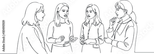 Outline vector illustration of four women engaged in a dynamic conversation, ideal for business, teamwork, or social interaction contexts.