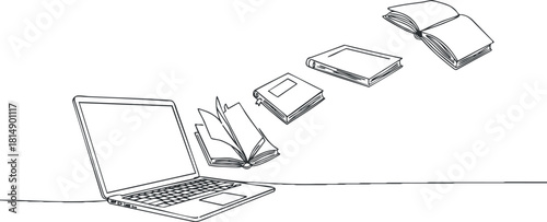Minimalist line art vector illustration of a laptop with floating books representing digital learning and education concepts