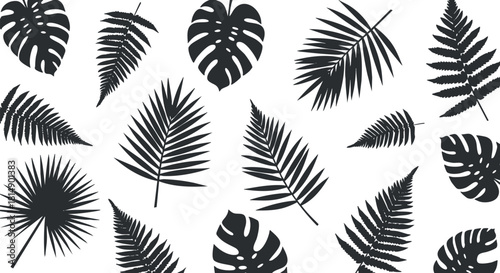 Stylish black and white vector pattern featuring various tropical leaves and ferns for decorative design projects