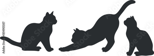 Silhouette vector illustration of playful and stretching cats in a minimalist style, ideal for pet-themed designs and artwork