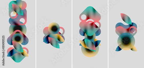 Abstract colorful shapes arranged in four panels. Soft gradients create fluid forms, resembling petals or bubbles. Minimalist design, light background.