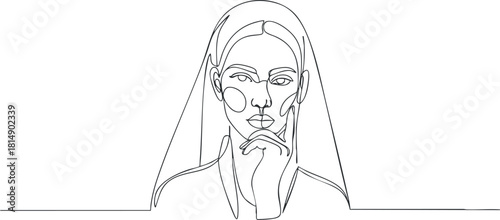 Minimalist line art illustration of a thoughtful woman in a veil, perfect for modern design and branding projects