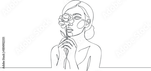 Minimalist line art illustration of a woman holding a flower, perfect for beauty and wellness branding projects