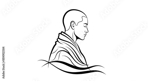 Meditating Monk Serene Profile Line Art Illustration.
