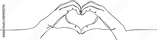 Minimalist line art illustration of two hands forming a heart shape, symbolizing love and connection for design projects.