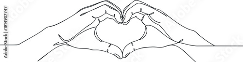 Minimalist line art illustration of two hands forming a heart shape, symbolizing love and connection