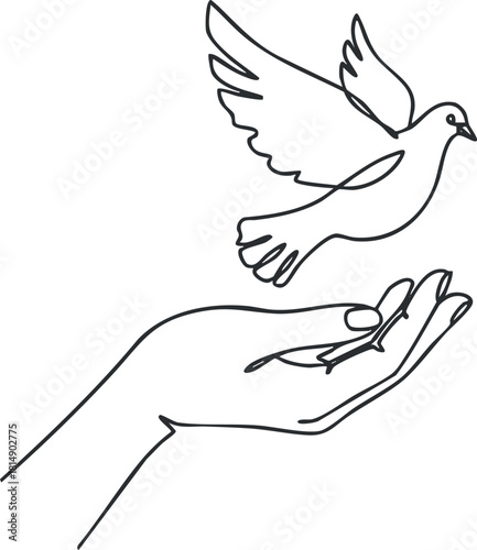 Minimalist line art illustration of a hand releasing a bird, symbolizing freedom and peace for design projects.