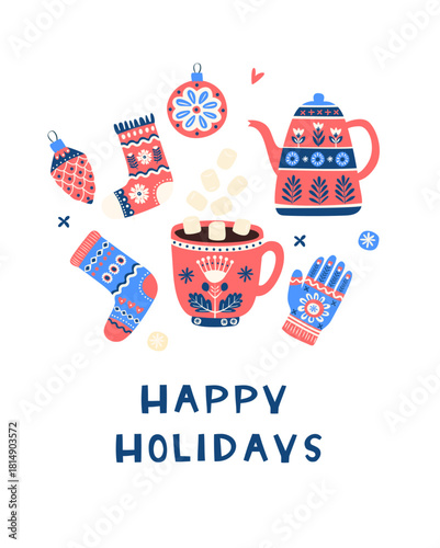 Warm Winter Hygge Set with Teapot, Mug, Mittens and Ornaments, Cozy Holiday Illustration