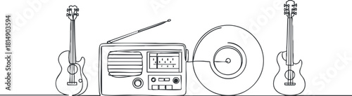 Minimalist line art vector illustration of a vintage radio, vinyl record, and guitars for music-themed design projects