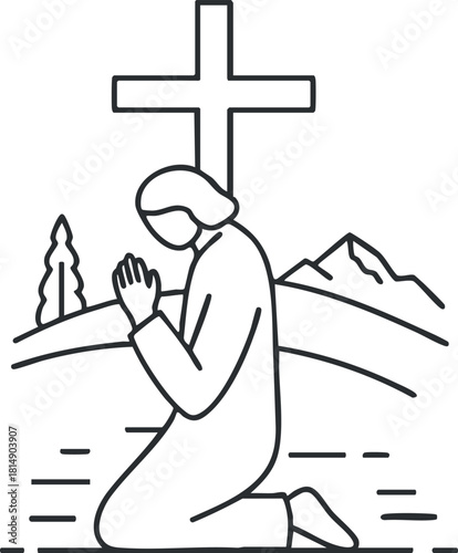 Minimalist outline vector illustration of a person praying before a cross in a serene landscape, suitable for religious themes and spiritual concepts