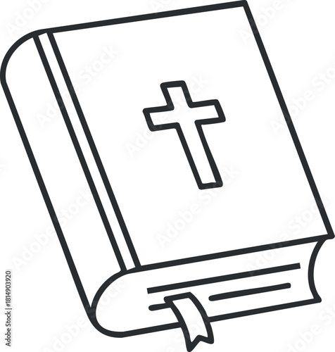 Outline vector illustration of a Bible with a cross symbol, suitable for religious and educational design projects