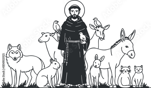 Outline vector illustration of Saint Francis surrounded by various animals, depicting harmony and compassion for nature.