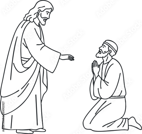 Line art illustration of Jesus reaching out to a kneeling man in prayer, symbolizing faith and spirituality