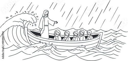 Line art illustration depicting Jesus calming the storm on a boat with disciples, ideal for religious and educational contexts