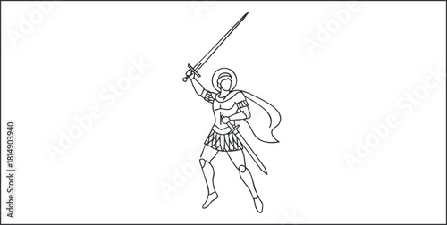 Outline vector illustration of a knight holding a sword, designed for fantasy and historical themed projects