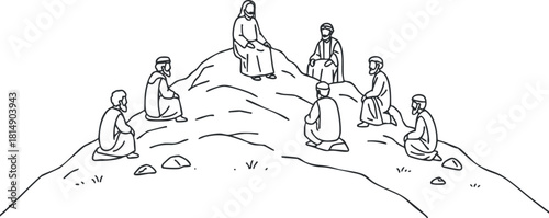 Minimalist line art illustration depicting a group of people gathered on a hill for discussion and learning purposes