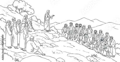 Line art illustration depicting a religious teaching scene with a leader addressing a diverse group in a mountainous landscape.