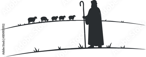 Silhouette vector illustration of a shepherd guiding a flock of sheep across a tranquil landscape, suitable for agricultural themes and rural designs