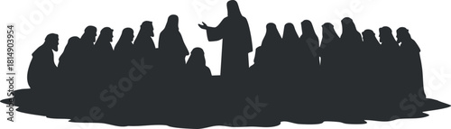 Silhouette vector illustration of a crowd gathered around a speaker, symbolizing community discussion and interaction.