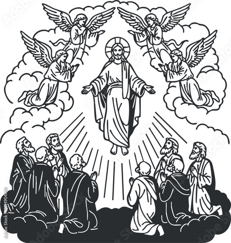 Classic black and white vector illustration depicting Jesus with angels and disciples in a heavenly scene for religious themes and artwork.