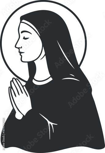 Minimalist black and white vector illustration of a woman praying, representing spirituality and devotion for religious themes
