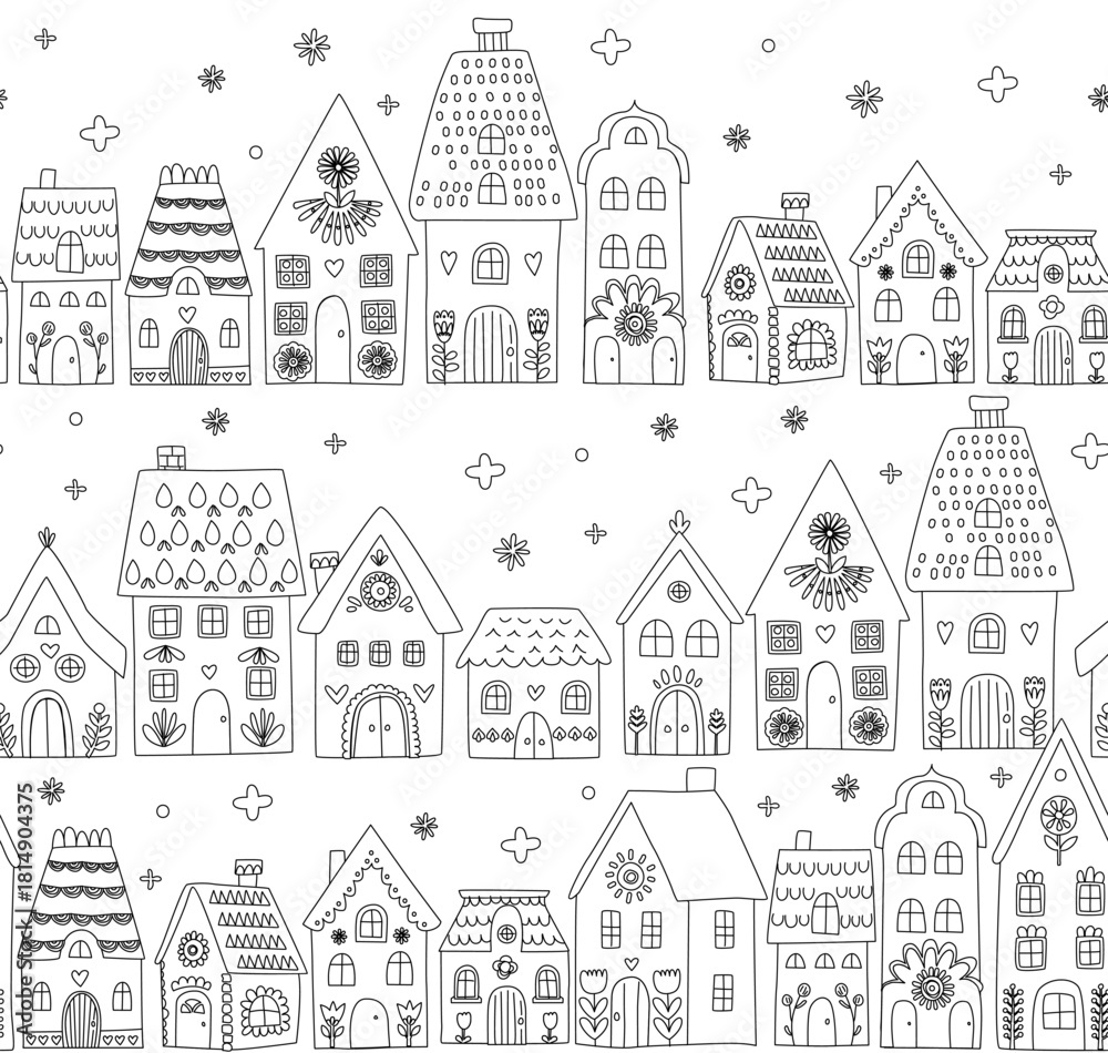Fototapeta premium Scandinavian Winter Village Doodle seamless pattern, Cozy Folk Art Houses Illustration